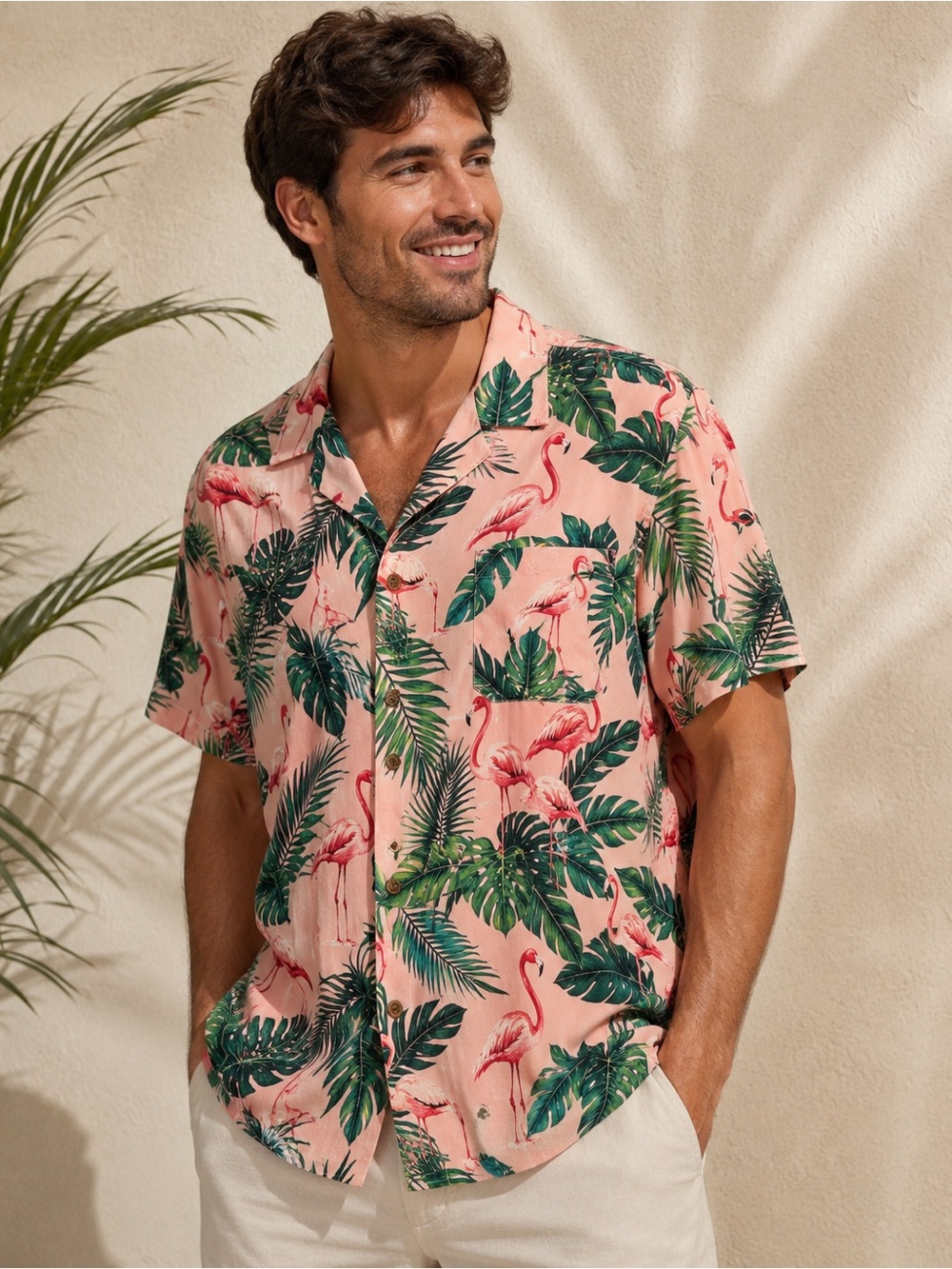 Old Navy Pink Tropical Flamingo Print Camp Shirt
